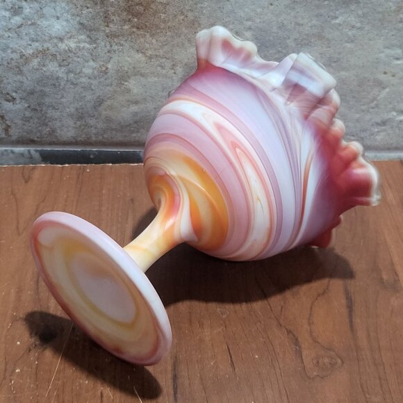 Slag Glass Orange Red Swirl Crimped Candy Trinket Dish - Picture 7 of 11